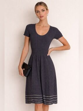 M Missoni Knit Dress Gray Ribbed Fit & Flare Italian Designer Elegant Timeless